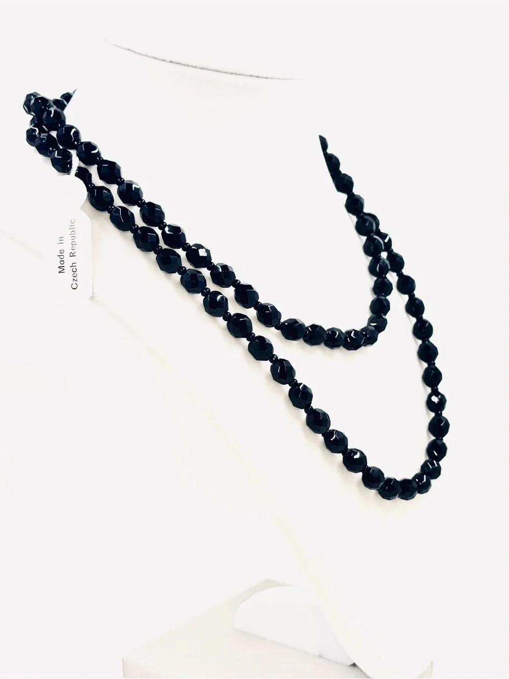 CZECH GLASS 35” Black Faceted Beaded Necklace Vintage NWT